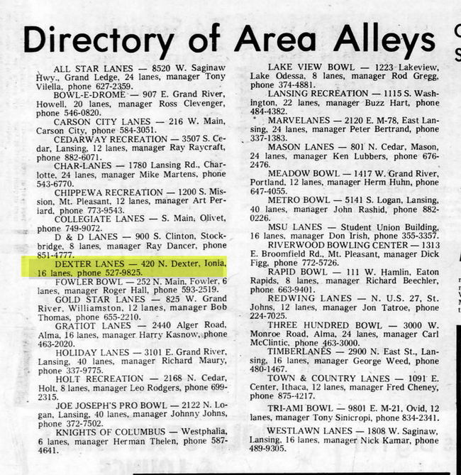 The Bowling Alley (Dexter Lanes) - Nice List Of Alleys From 1974